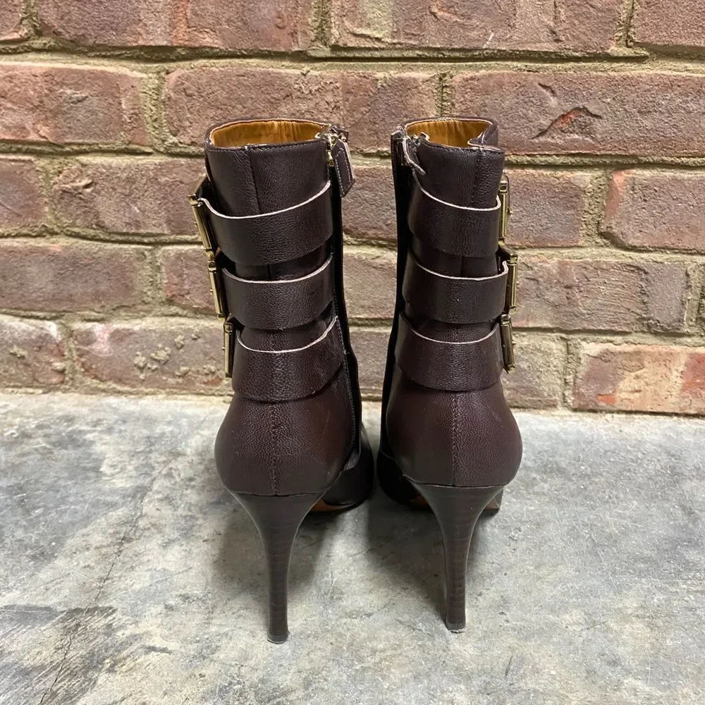 Nine West Brown Leather Buckle Heeled Bootie Size 8.5